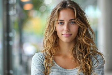 Fototapeta premium A close-up of a young woman with captivating blue eyes and sun-kissed curly blonde hair