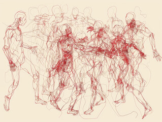 A sketch of people in the style of figure drawing, with one line drawn.