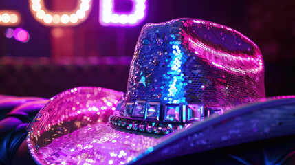 sparkling sequined cowboy hat with festive bokeh lights background in club atmosphere - obrazy, fototapety, plakaty
