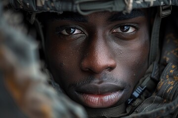 A detailed close-up of a military man's face, illustrating intensity and discipline amid a challenging environment - obrazy, fototapety, plakaty