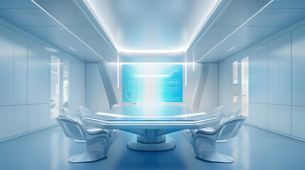 3D rendering of futuristic technology classroom interior design with hexagonal table in the middle and a row of pure white cabinets on the sides.