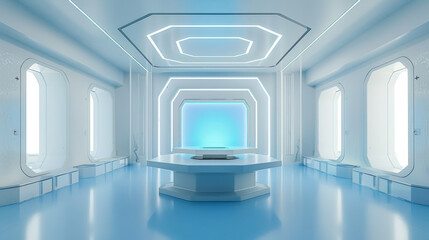 3D rendering of futuristic technology classroom interior design with hexagonal table in the middle and a row of pure white cabinets on the sides.