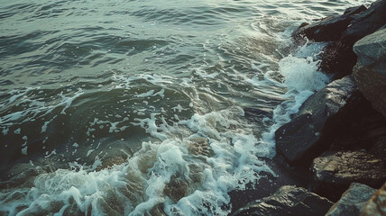 A serene coastal view with waves gently lapping against rocks.