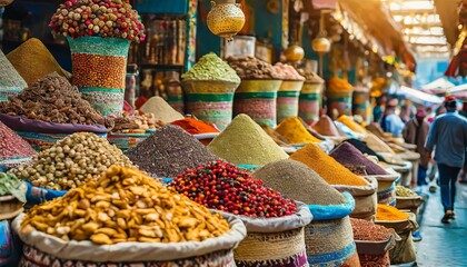 Fototapeta premium A vibrant scene capturing the hustle and bustle of an exotic spice bazaar