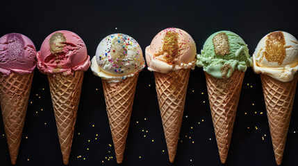 assorted ice cream cones with gold sprinkles on dark background, party dessert concept