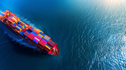 A cargo ship with colorful containers sailing in the blue ocean.