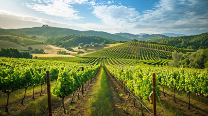 A picturesque vineyard stretching across rolling hills, with grapevines laden with fruit.