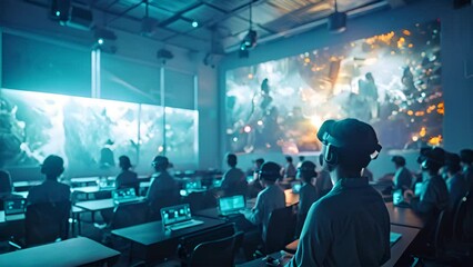 A modern classroom in the future, students learning through interactive 3D projections and virtual reality headsets - Powered by Adobe