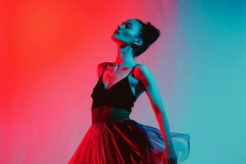 Ballerina Dancer in Red Skirt with Dynamic Neon Lighting. Generative AI.
