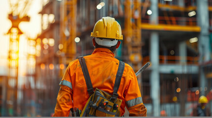 Obraz premium Construction worker in safety gear observes progress at a bustling construction site during sunset.