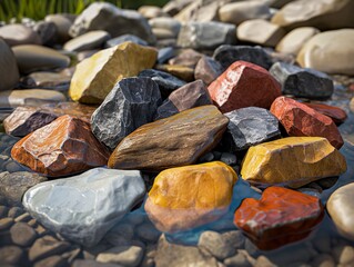 A collection of colorful rocks are floating in a body of water. The rocks are of various sizes and colors, creating a visually interesting scene. The water appears calm and serene