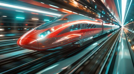 a cutting-edge red high-speed train zooming through a modern, illuminated tunnel with motion blur effects