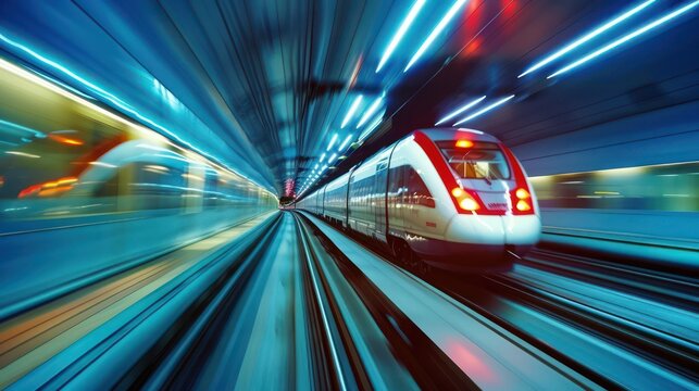 Capturing the essence of speed and modernity, this image depicts a train in motion, its lights blurring as it races through a tunnel