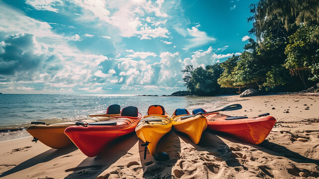 A group of kayaks resting on a sandy beach, ready for a summer adventure.