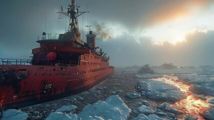 A large icebreaker ship sails across the sea to the ocean and breaks the ice in the winter in the north delivers cargo