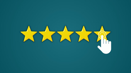 Customer Experience Concept. hand showing on five star excellent rating, A blue background with a white hand cursor clicking on five yellow stars.