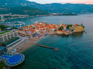 Sunset aerial view of the old town of Budva, Montenegro