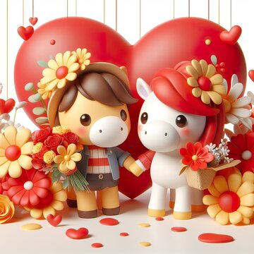 Cute character 3D image concept art of a cute couple horse . Red and yellow color scheme,flowers, white background