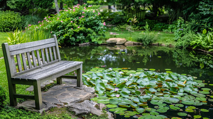 A tranquil backyard pond with water lilies and a wooden bench for relaxation.