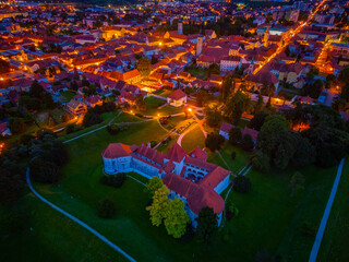 Sunset aerial view of Croatian town Varazdin with white fortress hosting a town museum