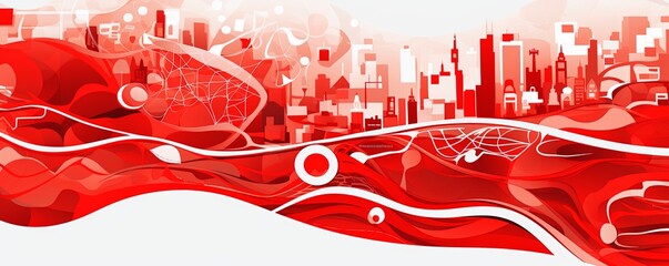 Red and white pattern with a Red background map lines sigths and pattern with topography sights in a city backdrop 