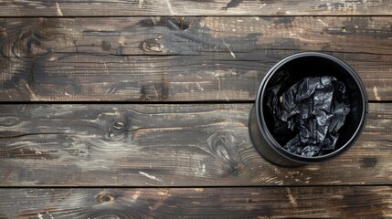 Trash can with a black plastic bag inside, on a wooden background, viewed from above. - obrazy, fototapety, plakaty