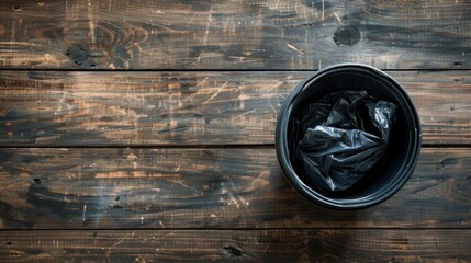 Trash can with a black plastic bag inside, on a wooden background, viewed from above.