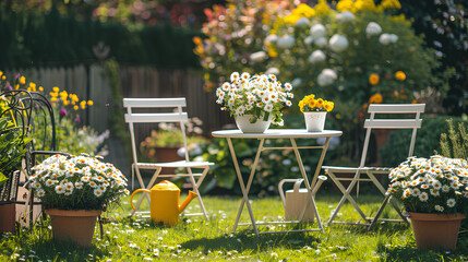 A garden bㅤbetic with two white folding chairs and table, surrounded by flowers in the background. The scene is captured from an eyelevel perspective - obrazy, fototapety, plakaty