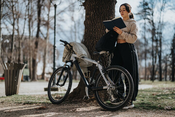 A youthful girl takes pleasure in a relaxed weekend at the park, reading beside her bicycle.