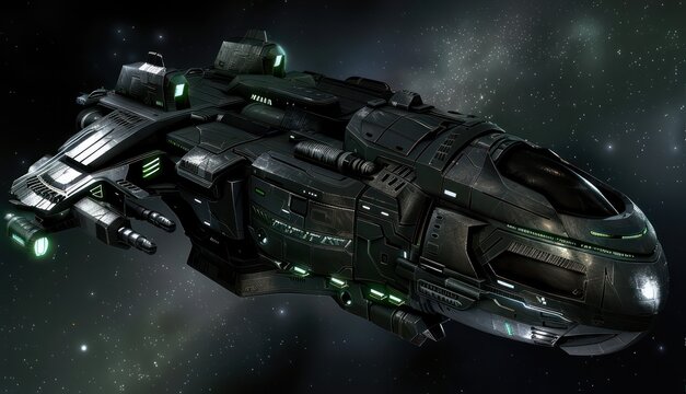 A detailed image of a futuristic, military-grade spaceship with glowing green lights, set against the backdrop of a star-filled galaxy