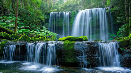 A picturesque waterfall cascading down moss-covered rocks in a forest. - obrazy, fototapety, plakaty