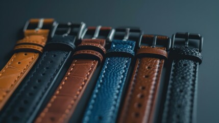 A collection of colorful leather watch straps arranged neatly showcasing the variety and texture in a close-up shot Perfect for watch enthusiasts
