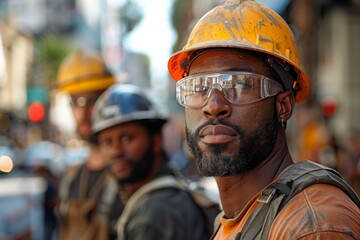 A construction worker clad in a safety vest and hard hat stands in an urban environment