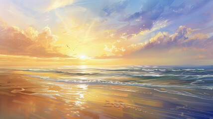 The peaceful tranquility of a beach scene under the warm glow of a sunny sky.