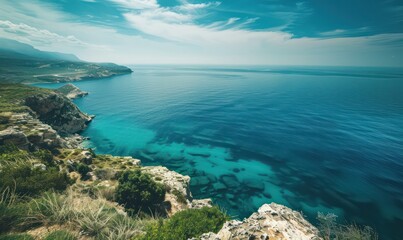 Fototapeta premium Serene image showcasing the tranquil beauty of a coastal landscape, highlighting vibrant blue waters, and majestic cliffs under a clear sky