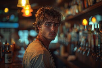Fototapeta premium A young man with a deep gaze sits alone in a bar with rich, warm ambient lighting