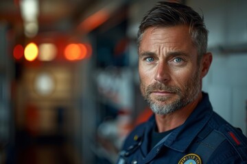 A seasoned police officer with greying hair gazes seriously toward the camera in a sharp uniform - obrazy, fototapety, plakaty