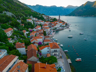 Obraz premium Sunrise aerial view of Perast in Montenegro
