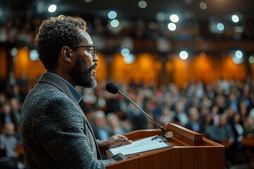 A public speaker stands confidently at the podium, delivering a speech to an engaged audience - obrazy, fototapety, plakaty