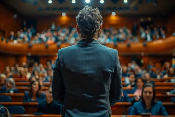 A man in a business suit stands confidently with his back to the camera, addressing an auditorium audience