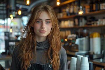 A gorgeous young woman with stunning blue eyes and red hair stands in a chic cafe, looking at the camera
