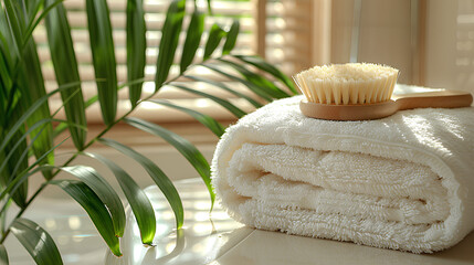 
A clean bathroom background with a green palm branch casting shadows, a terry cotton towel and a massage brush - obrazy, fototapety, plakaty