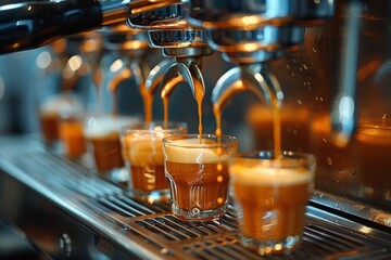 Freshly brewed espresso pouring into four cups from a professional coffee machine in a vibrant cafe atmosphere