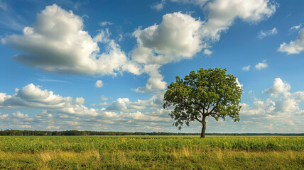 Fototapeta na wymiar A lone tree standing tall in a vast field, reaching up towards the bright, sunny sky above.