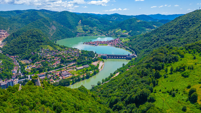 Aerial view of Zvornik hydroelectric power plant between Bosnia and Serbia