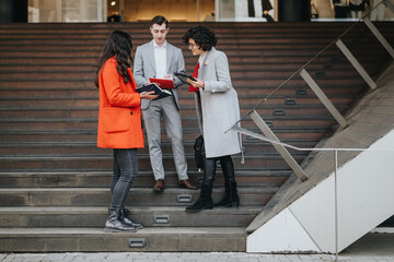 Confident business partners talking on the stairs outside the office with documents in hand,...