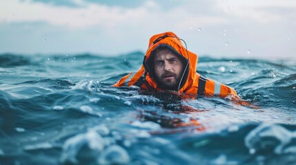 Man fell into sea. He was wearing life jacket which helped him to stay afloat. - obrazy, fototapety, plakaty