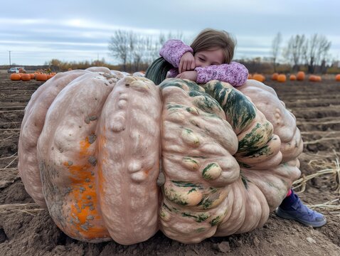 A little girl is lying on the ground next to a giant pumpkin. The pumpkin is orange and green, and it is surrounded by a field of pumpkins. The scene is peaceful and serene