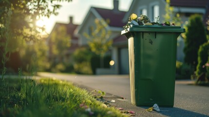 Green plastic trash bin in front of a house. No trash on the road. Keeping areas clean and free of waste is important for health and the environment. - obrazy, fototapety, plakaty