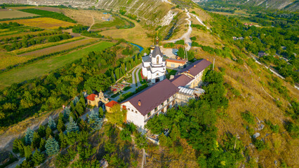 Naklejka premium Sunset panorama of St. Mary's Church at Orheiul Vechi in Moldova